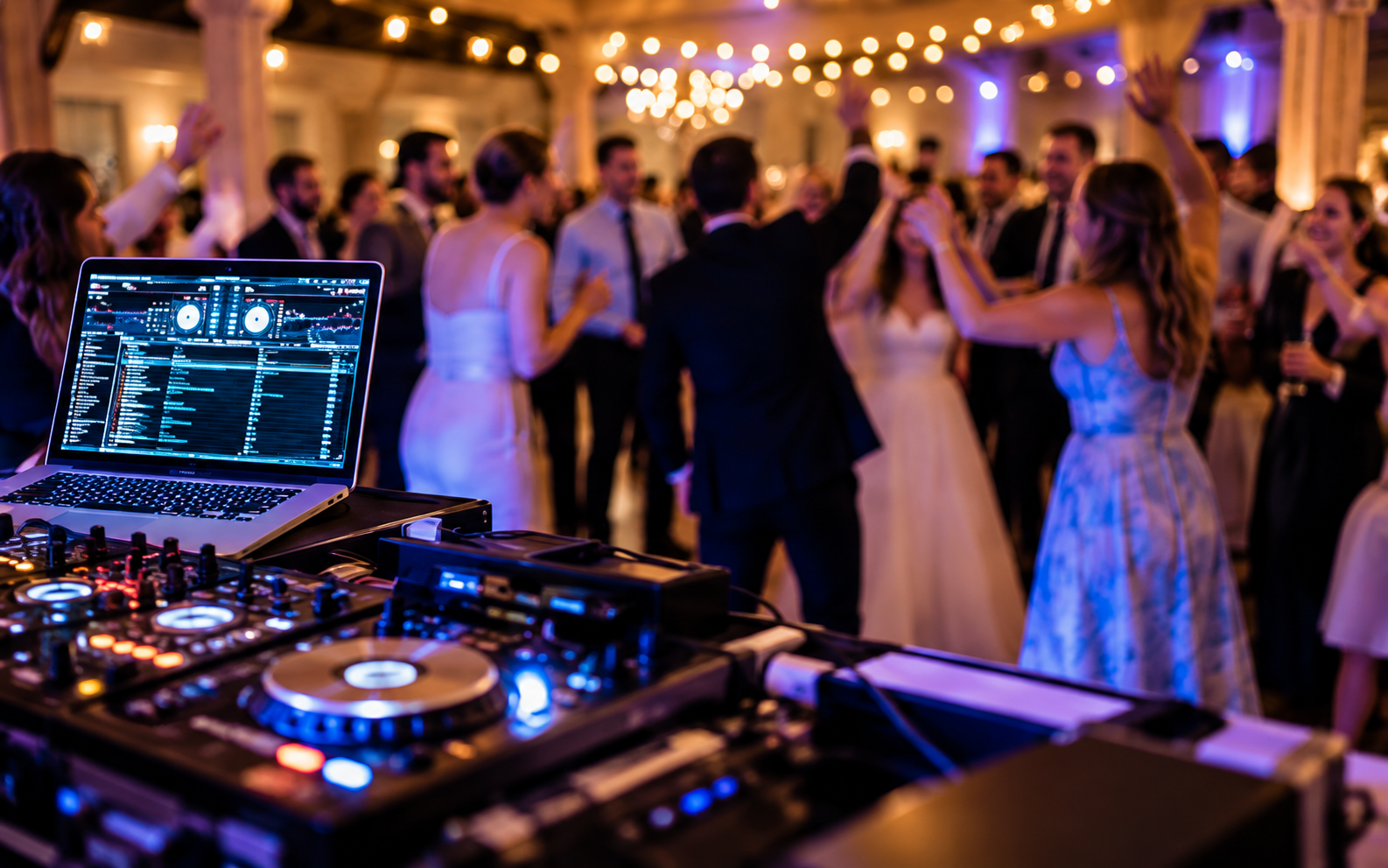 DJ equipment overlooking a lively wedding dance floor